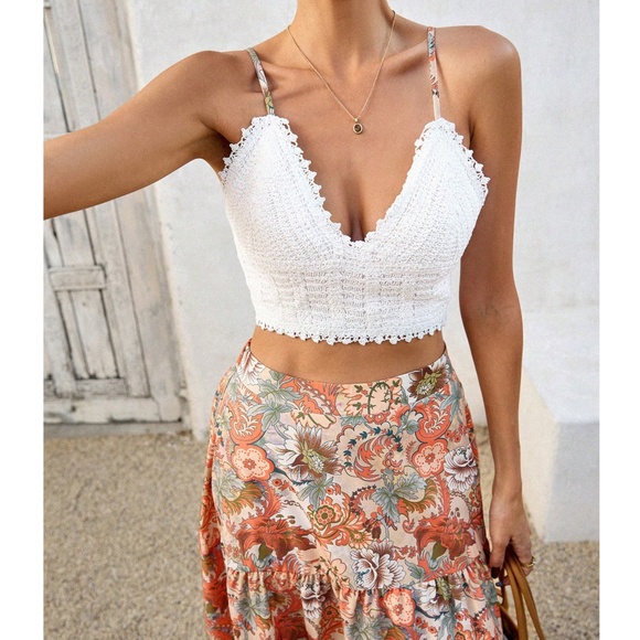 Boho Floral Print Crochet Back Tie Cami Crop Top maxi Skirt Set - Picture 5 of 6